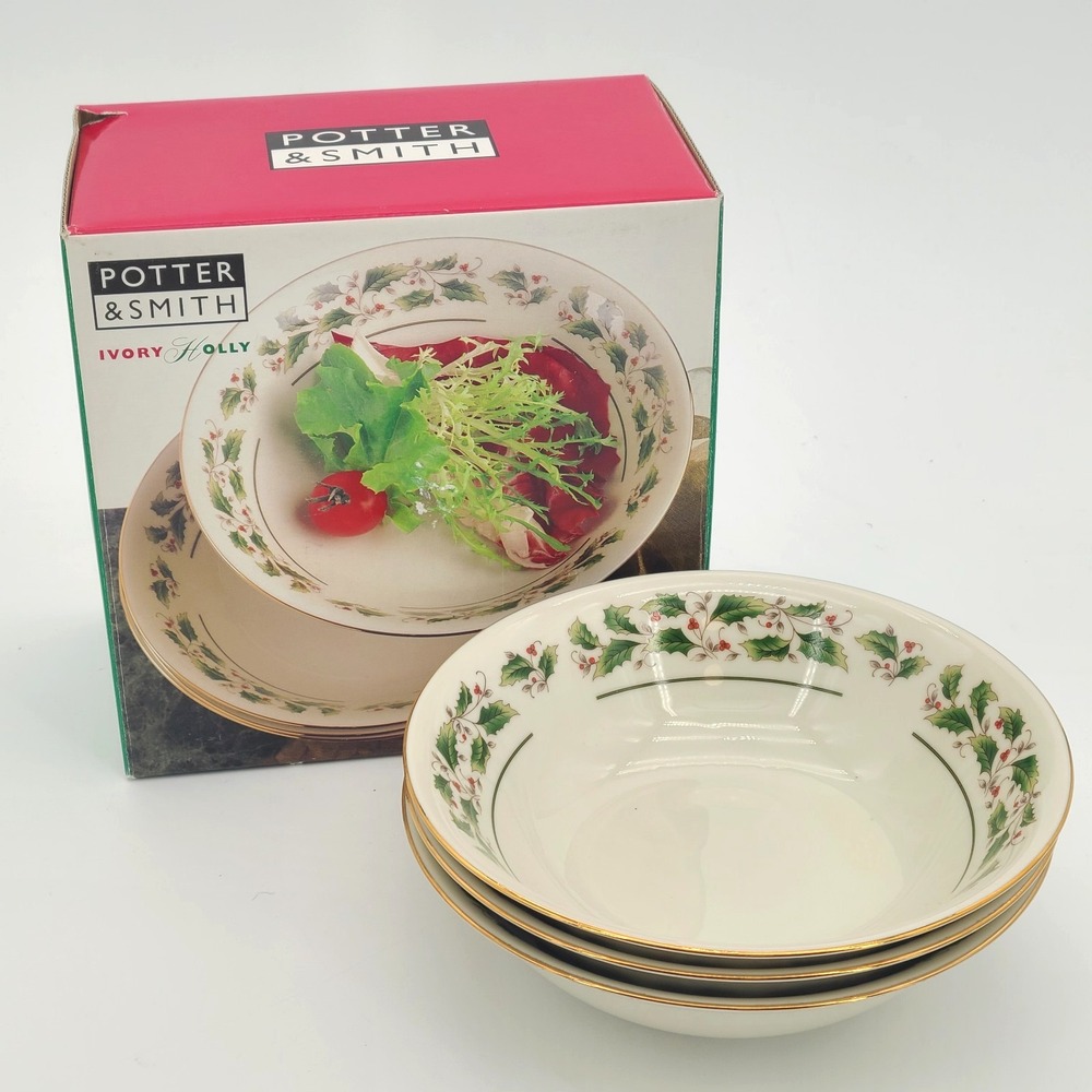 Potter & Smith Ivory Holly Soup Cereal Bowls Set of 3 Christmas Japan Gold Trim